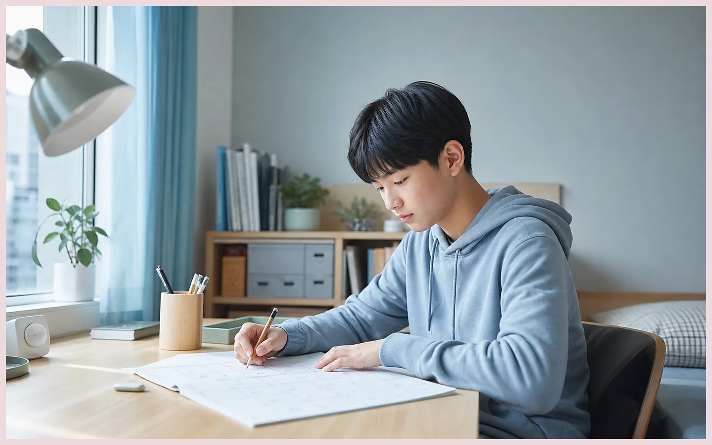 학생이 과목별 일정과 공부 시간을 학습플래너에 정리하는 모습
