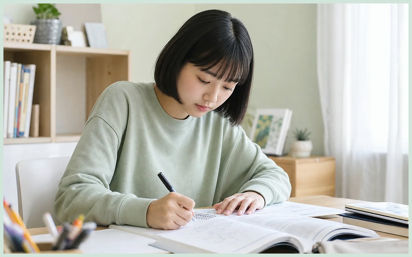 학생이 책상에서 교재를 펼치고 스스로 공부하는 모습