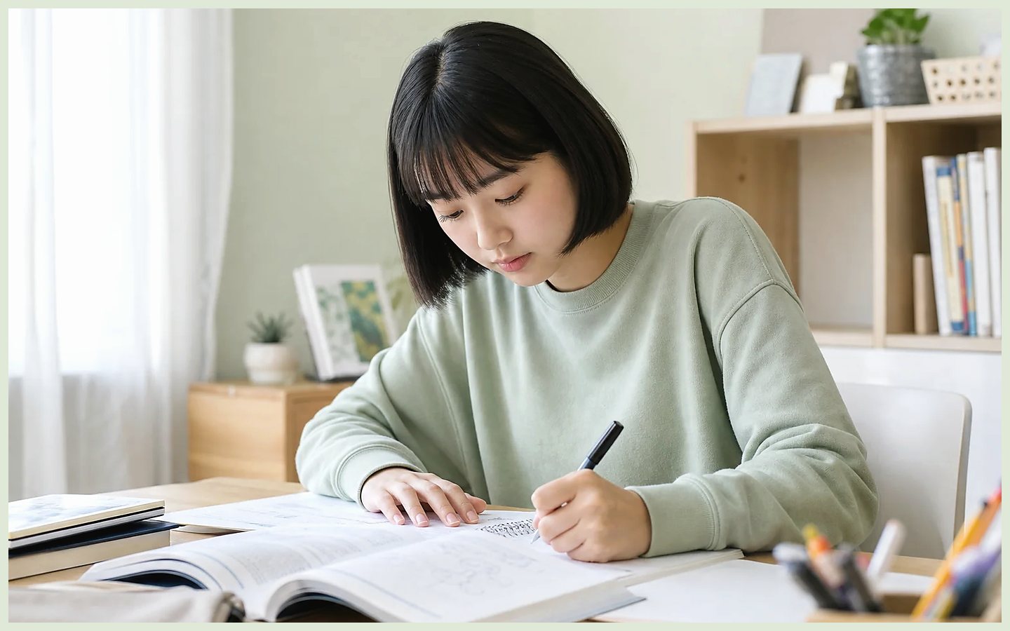 학생이 교재와 노트를 활용해 수행평가 내용을 스스로 작성하는 모습